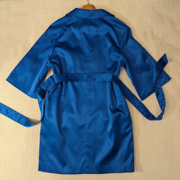 Coat Dress Trendy Electric Blue Satin Belted 3/4 Sleeves Fully Lined - Picture 7 of 11